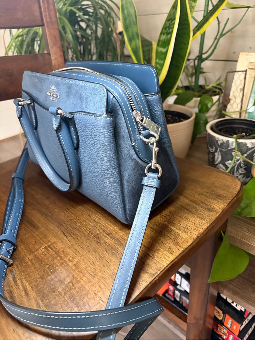 Coach Slate Blue Pebble Leather Satchel with Crossbody Strap - Picture 4 of 8